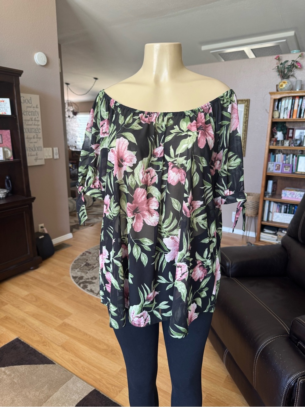 Siren Lily Black Off-Shoulder Blouse with Green & Pink Floral Print-size 2X